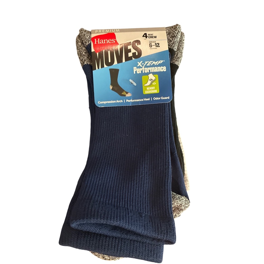 Hanes Moves X-Temp‎ Performance Mens Crew Socks 4 Pack Navy Black Grey Size 6-12